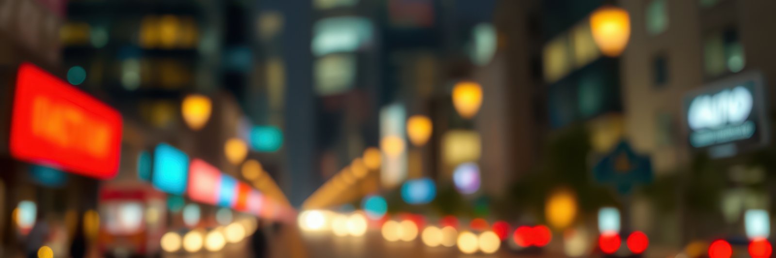 Vibrant city street illuminated by colorful lights on a bustling night